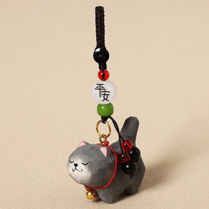 Buddha Stones 木彫りの猫オーム・マニ・パドメ・フム平和キーホルダー - 穏やかなダークグレーの猫 - image 12