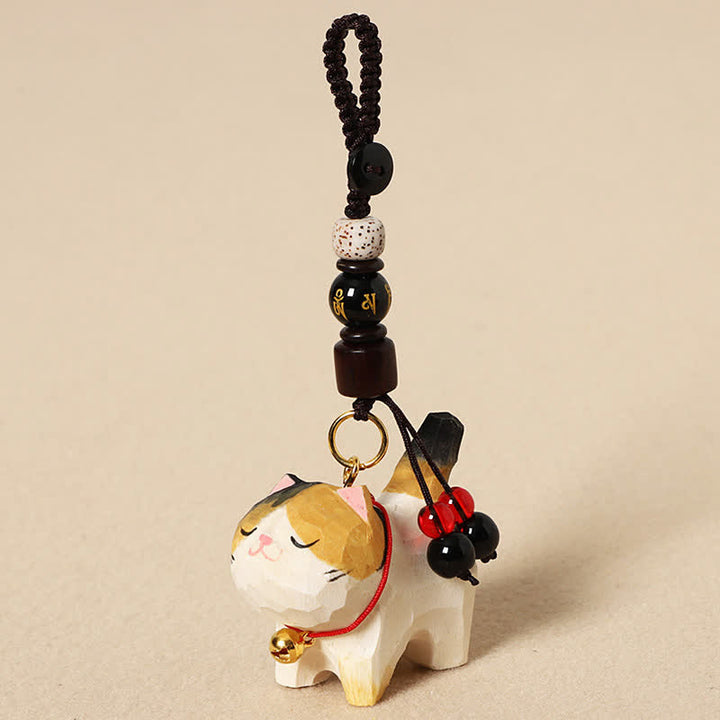 Buddha Stones 木彫りの猫オーム・マニ・パドメ・フム平和キーホルダー - オーム・マニ・パドメ・フムトリコロール キャット - image 10