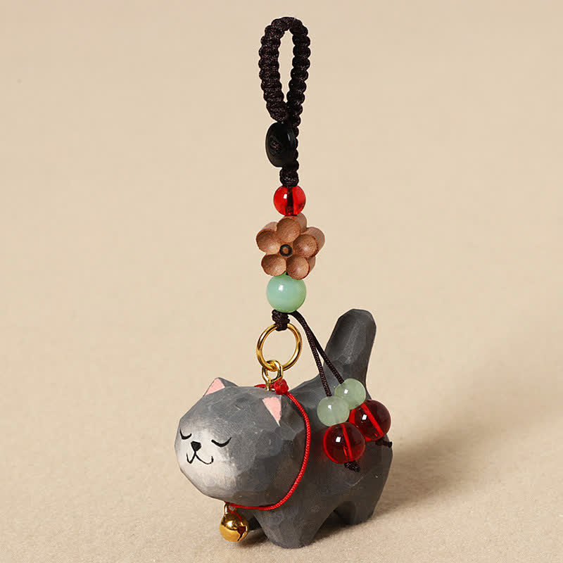 Buddha Stones 木彫りの猫オーム・マニ・パドメ・フム平和キーホルダー - ダークグレーの猫 - image 11