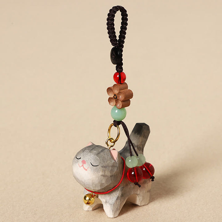 Buddha Stones 木彫りの猫オーム・マニ・パドメ・フム平和キーホルダー - 灰色の猫 - image 0