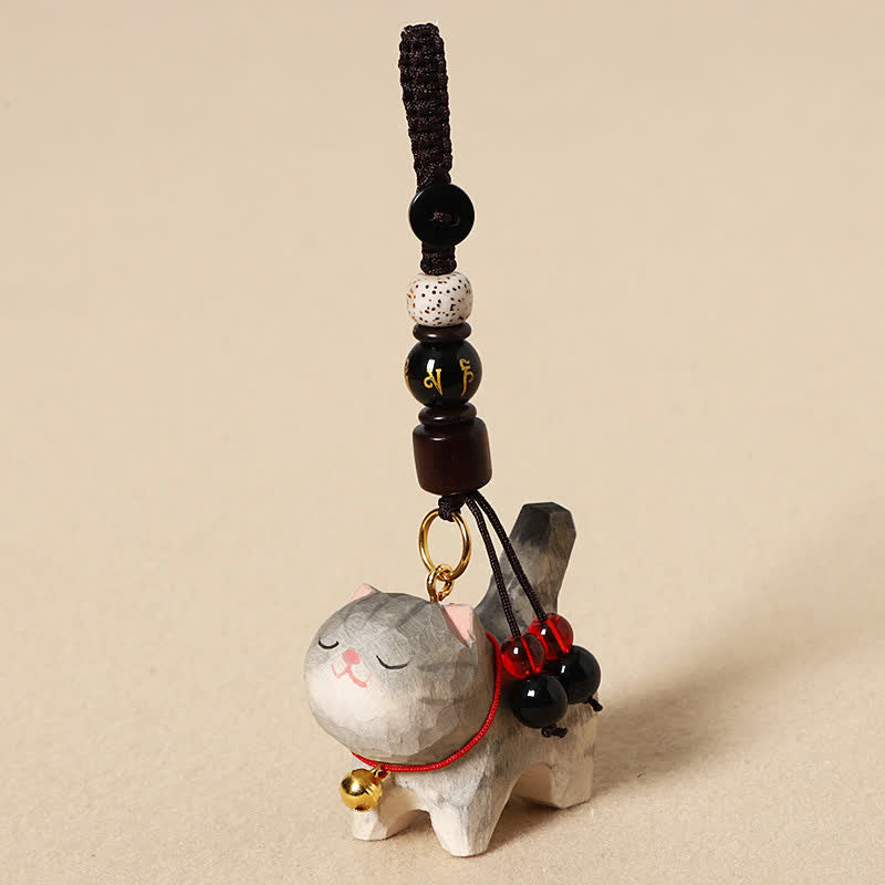 Buddha Stones 木彫りの猫オーム・マニ・パドメ・フム平和キーホルダー - オーム・マニ・パドメ・フム・グレイ・キャット - image 2