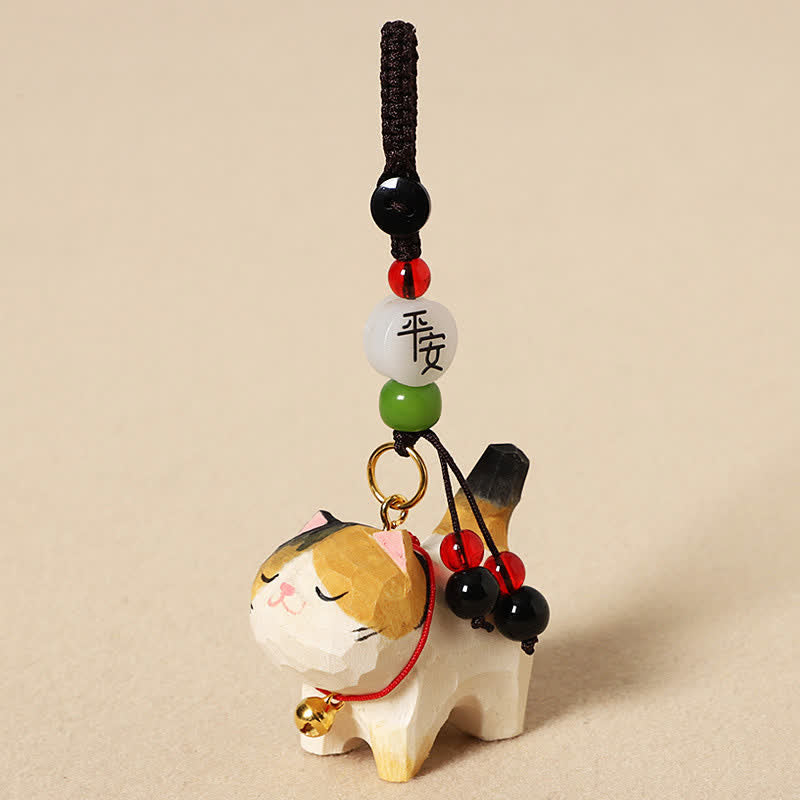 Buddha Stones 木彫りの猫オーム・マニ・パドメ・フム平和キーホルダー - 平和な三毛猫 - image 9
