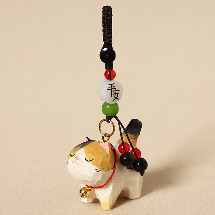 Buddha Stones 木彫りの猫オーム・マニ・パドメ・フム平和キーホルダー - 平和な三毛猫 - image 9