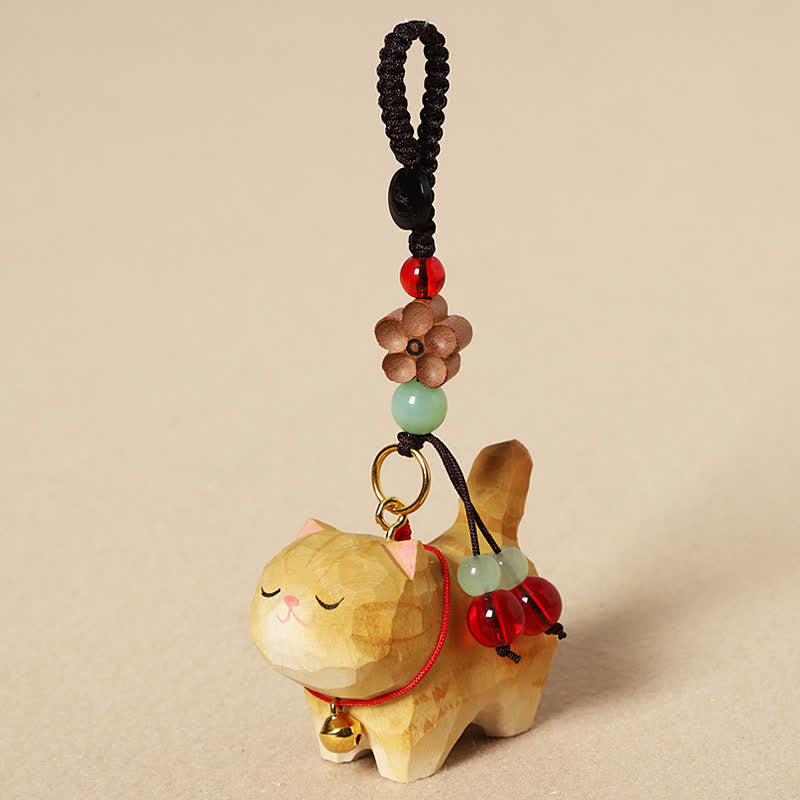 Buddha Stones 木彫りの猫オーム・マニ・パドメ・フム平和キーホルダー - 黄色い猫 - image 3