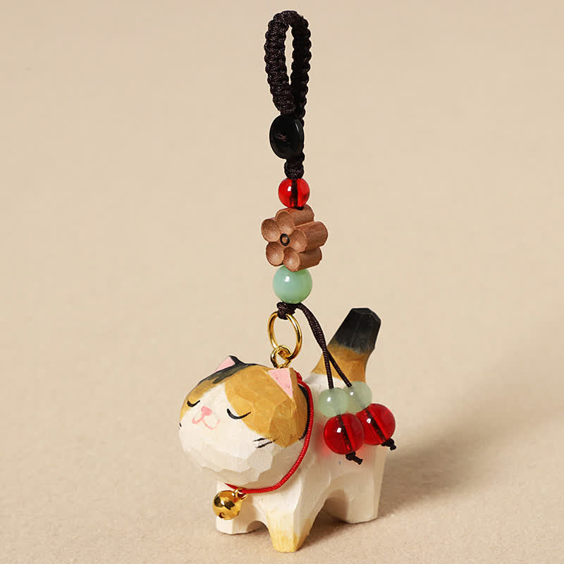 Buddha Stones 木彫りの猫オーム・マニ・パドメ・フム平和キーホルダー - 三毛猫 - image 8