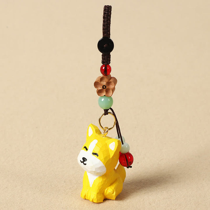 Buddha Stones 木彫りの犬オーム・マニ・パドメ・フム知恵のキーホルダー - 黄色い犬 - image 3