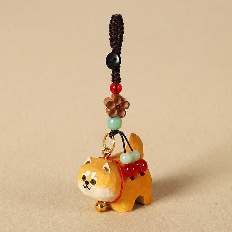 Buddha Stones 木彫りの犬オーム・マニ・パドメ・フム平和キーホルダー - 柴犬 - image 1