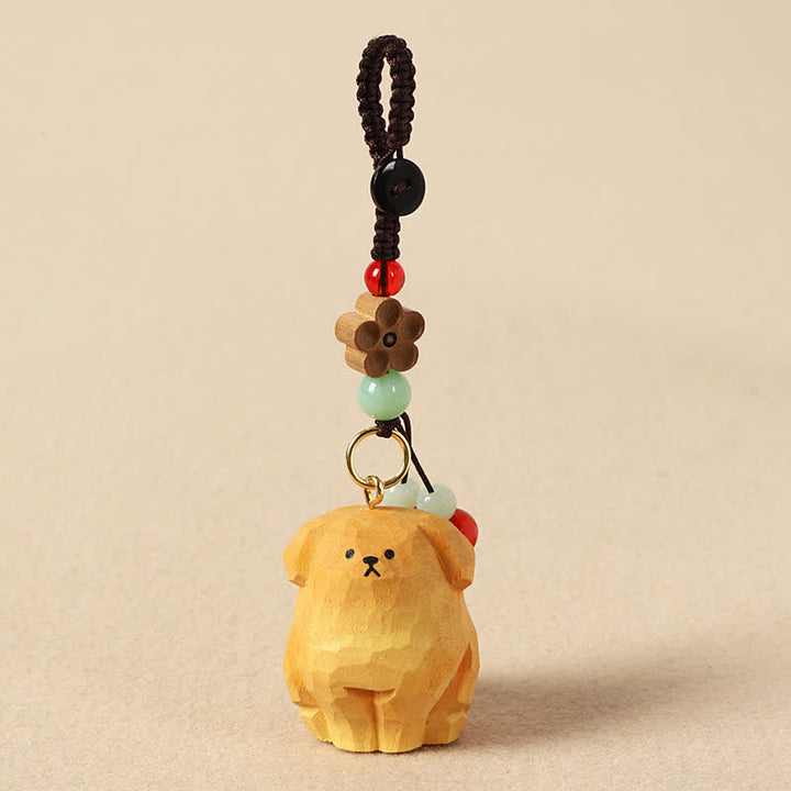Buddha Stones 木彫りの犬オーム・マニ・パドメ・フムクリエイティビティ キーホルダー - 黄色い犬 - image 0