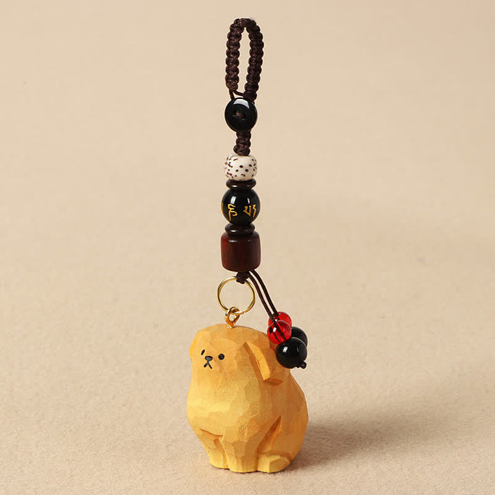 Buddha Stones 木彫りの犬オーム・マニ・パドメ・フムクリエイティビティ キーホルダー - オーム・マニ・パドメ・フム・イエロー・ドッグ - image 3