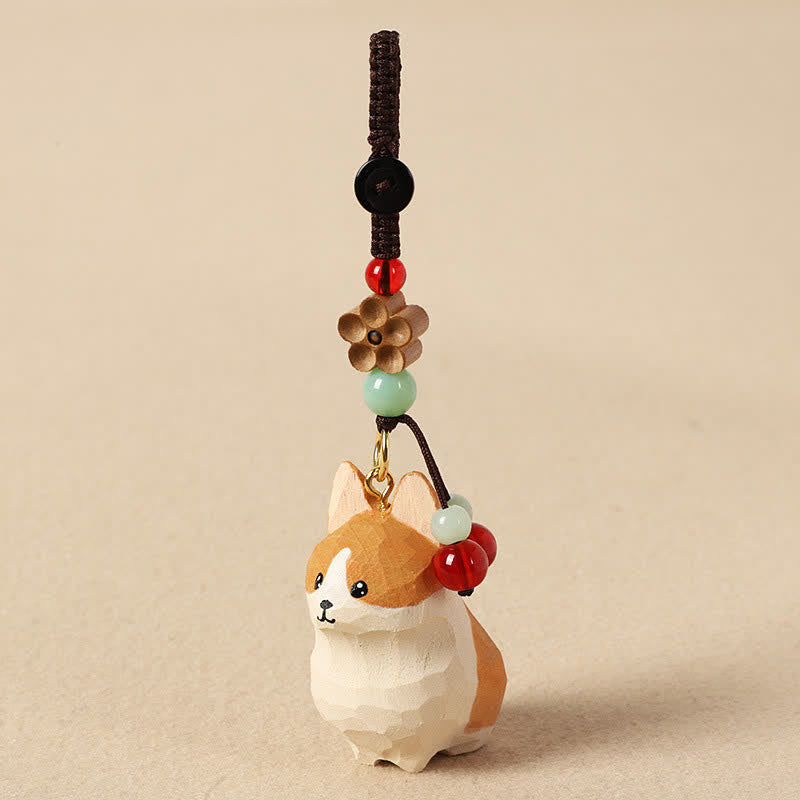 Buddha Stones 木彫りのコーギーオーム・マニ・パドメ・フムピース キーホルダー - image 1