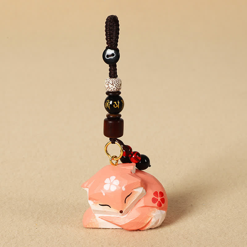 Buddha Stones 木彫りの狐オーム・マニ・パドメ・フム知恵のキーホルダー - オーム・マニ・パドメ・フム・フォックス - image 3