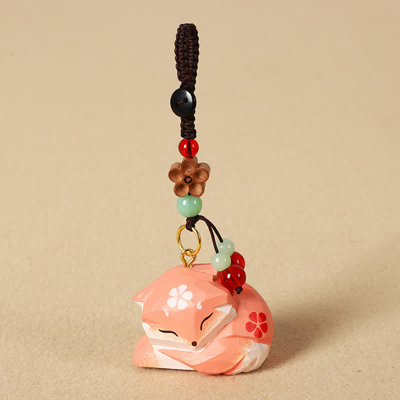Buddha Stones 木彫りの狐オーム・マニ・パドメ・フム知恵のキーホルダー - image 1