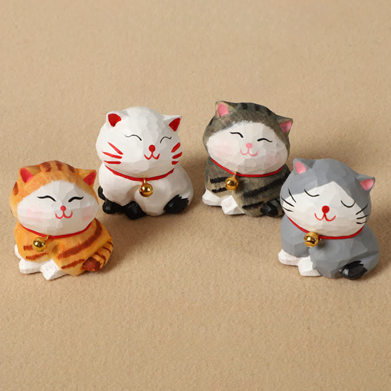 Buddha Stones 手彫りの天然木製バランス猫キーホルダー かわいい動物の装飾 - image 0