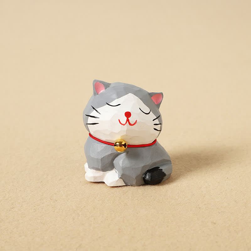 Buddha Stones 手彫りの天然木製バランス猫キーホルダー かわいい動物の装飾 - グレー - image 4