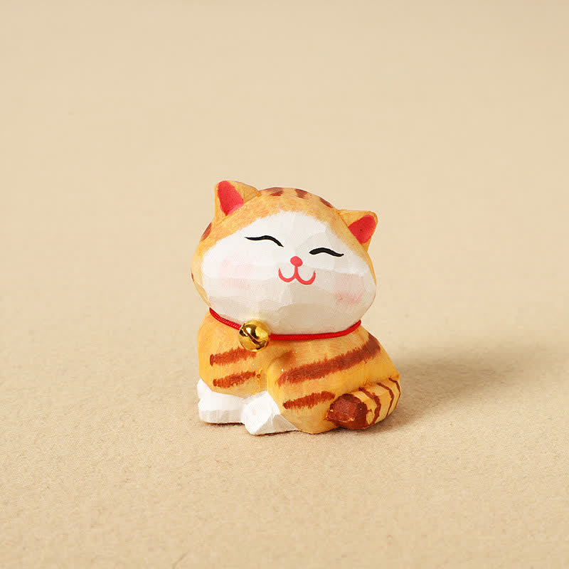 Buddha Stones 手彫りの天然木製バランス猫キーホルダー かわいい動物の装飾 - オレンジ - image 1