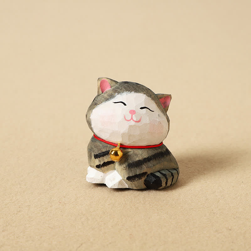 Buddha Stones 手彫りの天然木製バランス猫キーホルダー かわいい動物の装飾 - ストライプ柄 - image 3