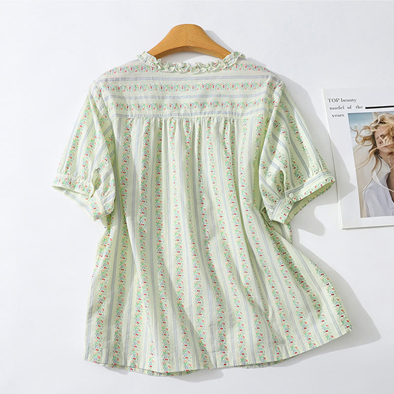 Buddha Stones 夏物カジュアルエレガントボタンアップ花柄ストライプクルーネックレディース半袖シャツ - image 20