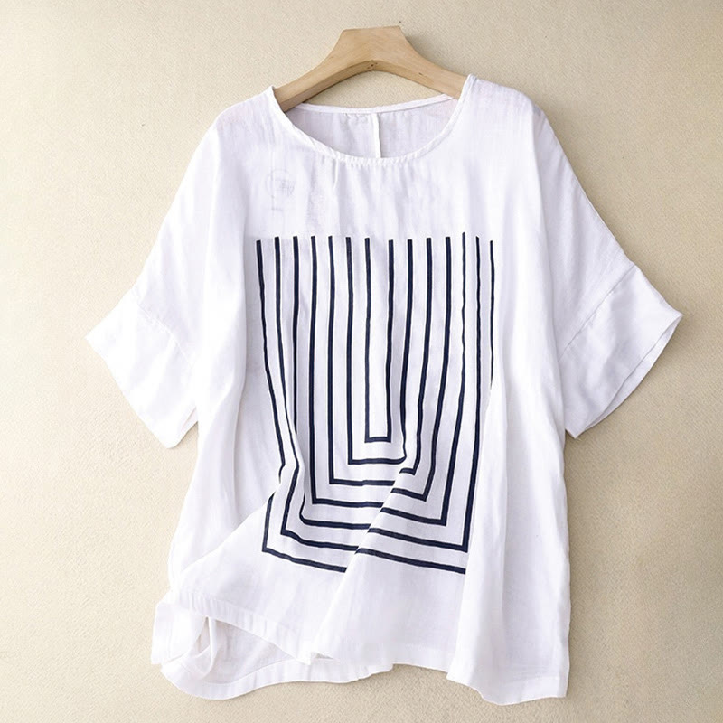 Buddha Stonesカジュアルラインプリント柄半袖コットンリネンレディースTシャツ - 白 - US12、 UK/AU16、 EU44 (2XL) - image 11