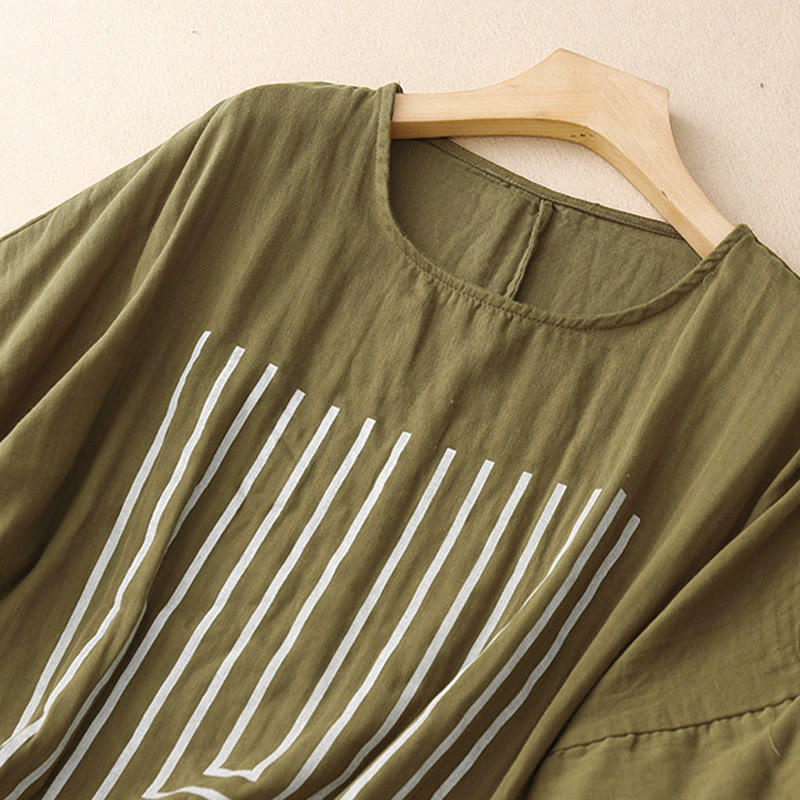 Buddha Stonesカジュアルラインプリント柄半袖コットンリネンレディースTシャツ - image 2