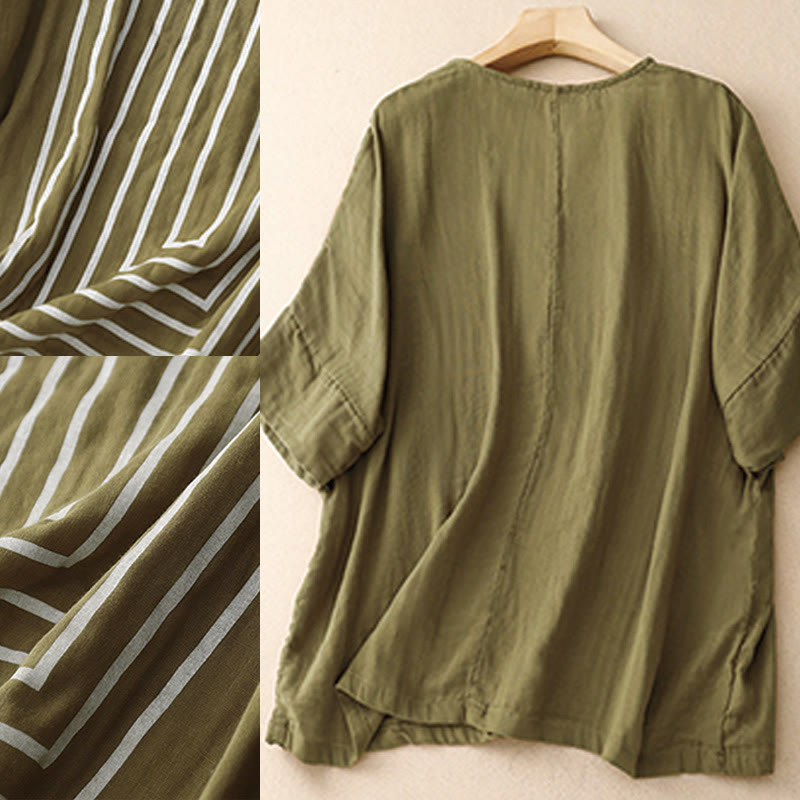 Buddha Stonesカジュアルラインプリント柄半袖コットンリネンレディースTシャツ - image 1