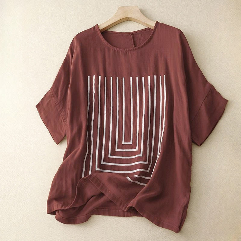 Buddha Stonesカジュアルラインプリント柄半袖コットンリネンレディースTシャツ - マルーン - US12、 UK/AU16、 EU44 (2XL) - image 7