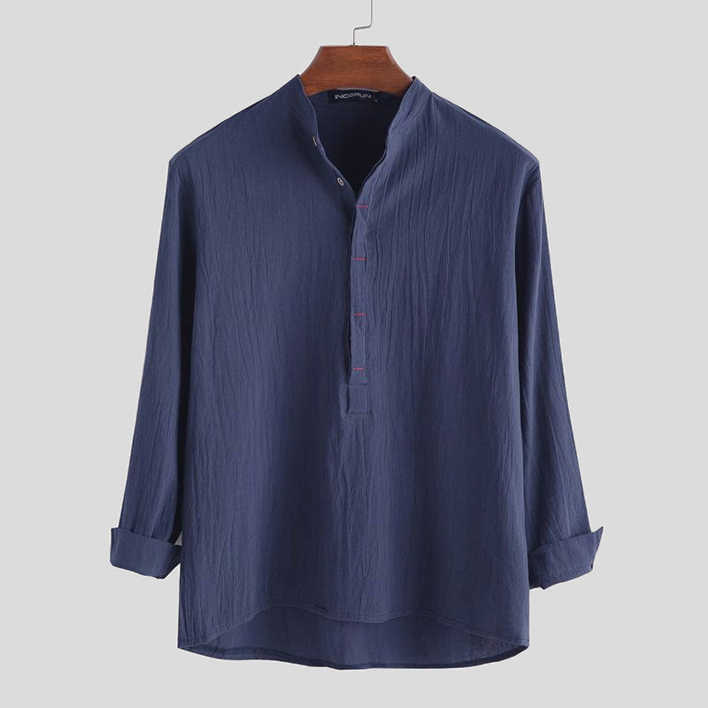 Buddha Stones無地 ハーフボタン 長袖 コットン メンズシャツ - スチールブルー - US/UK/AU42、 EU52 (3XL) - image 4