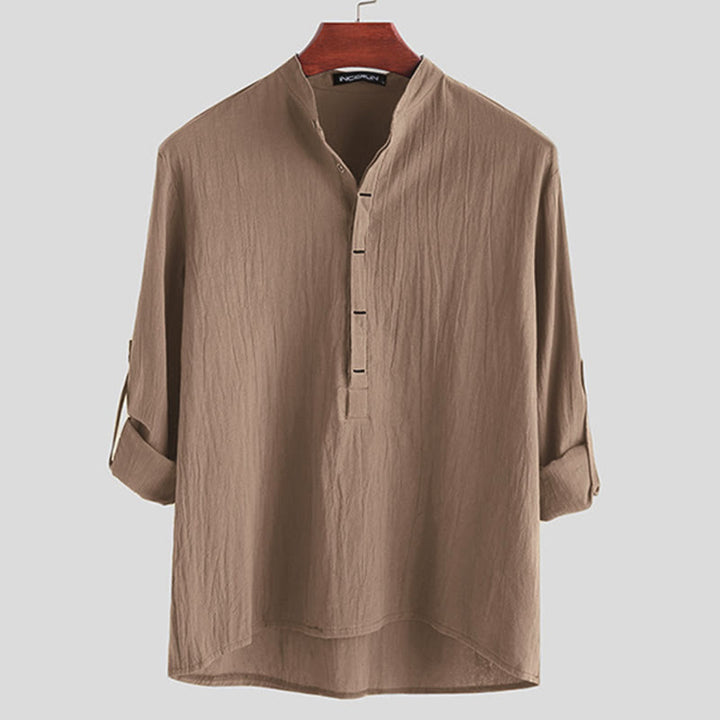 Buddha Stones無地 ハーフボタン 長袖 コットン メンズシャツ - タン - US/UK/AU42、 EU52 (3XL) - image 6