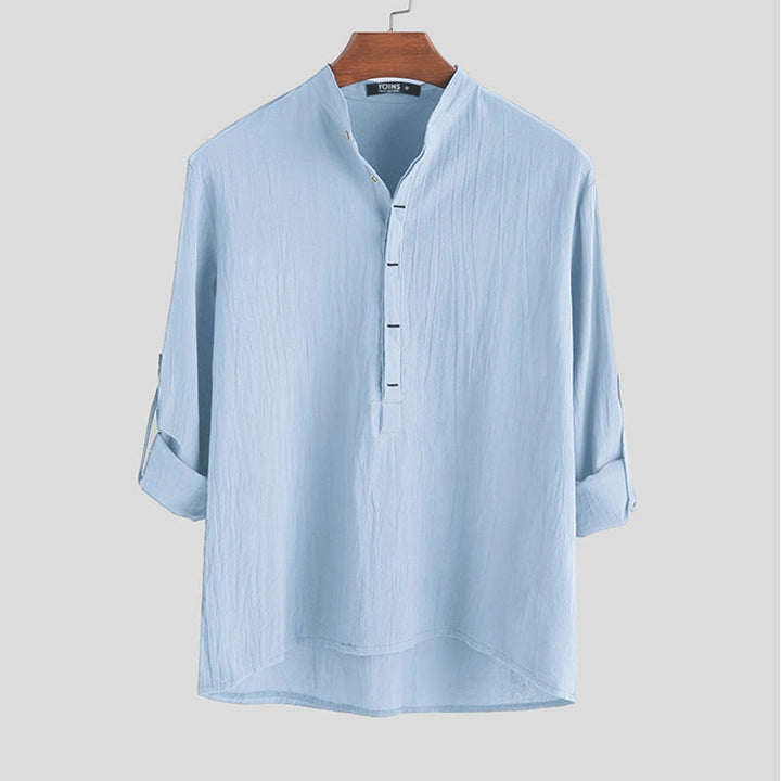 Buddha Stones無地 ハーフボタン 長袖 コットン メンズシャツ - ライトスカイブルー - US/UK/AU42、 EU52 (3XL) - image 3