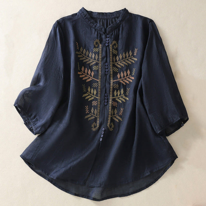 Buddha Stonesのカジュアルな芸術的な刺繍が施された葉模様のレディース七分袖シャツ - ミッドナイトブルー - US8-10，UK/AU12-14，EU40-42 (2XL) - image 8