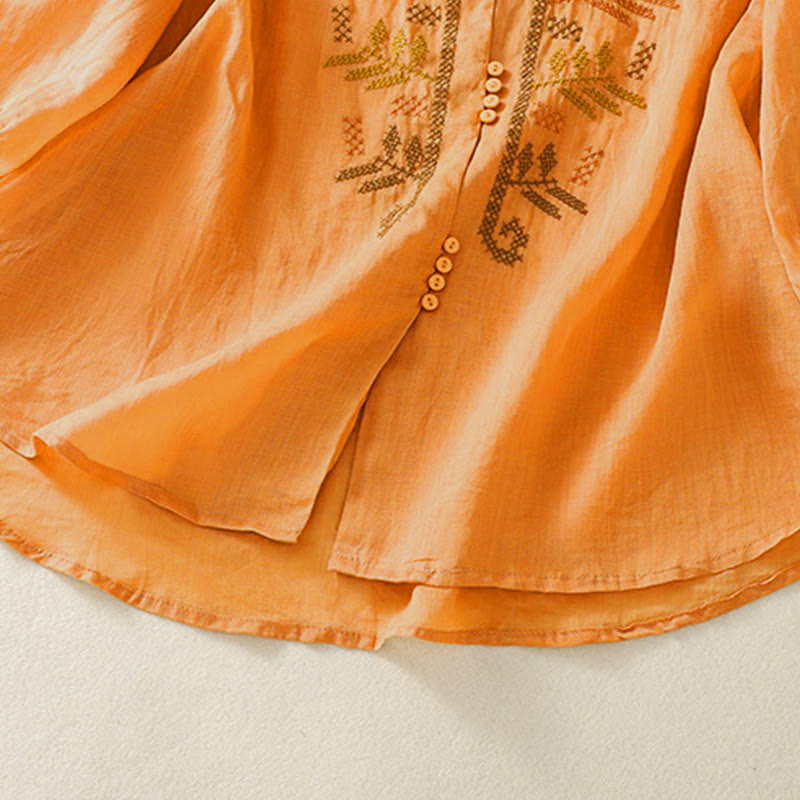 Buddha Stonesのカジュアルな芸術的な刺繍が施された葉模様のレディース七分袖シャツ - image 5