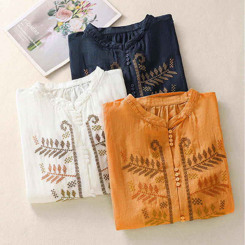 Buddha Stonesのカジュアルな芸術的な刺繍が施された葉模様のレディース七分袖シャツ - image 23