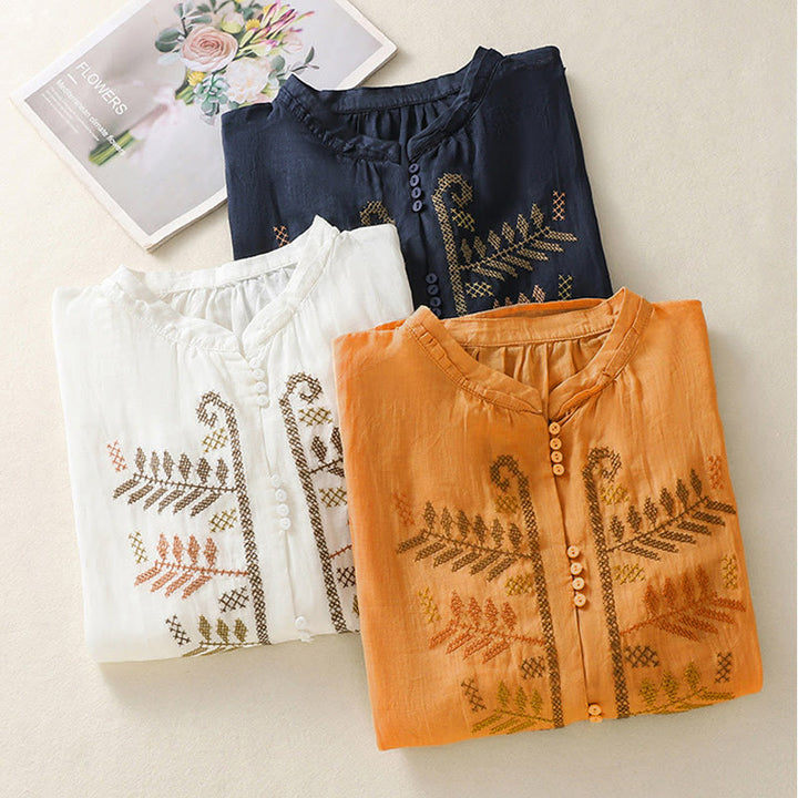 Buddha Stonesのカジュアルな芸術的な刺繍が施された葉模様のレディース七分袖シャツ - image 23
