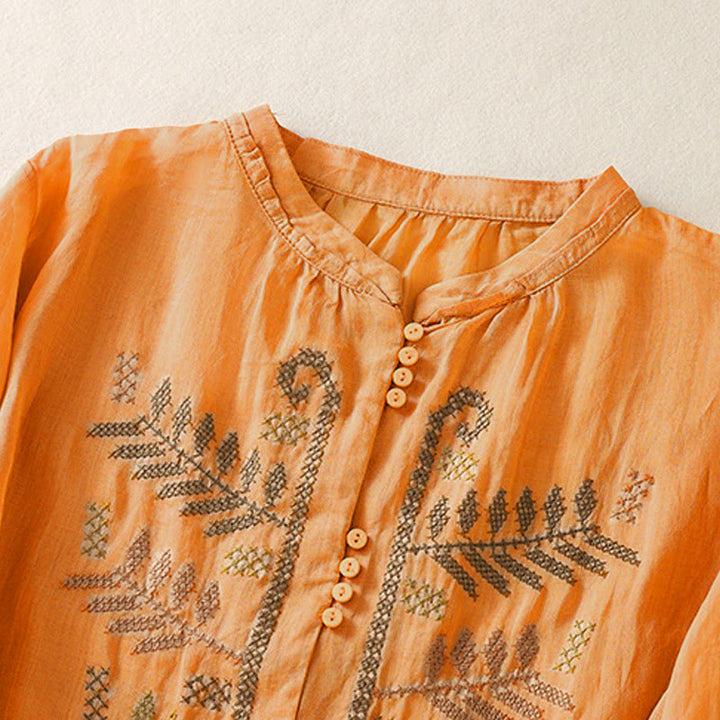Buddha Stonesのカジュアルな芸術的な刺繍が施された葉模様のレディース七分袖シャツ - image 2