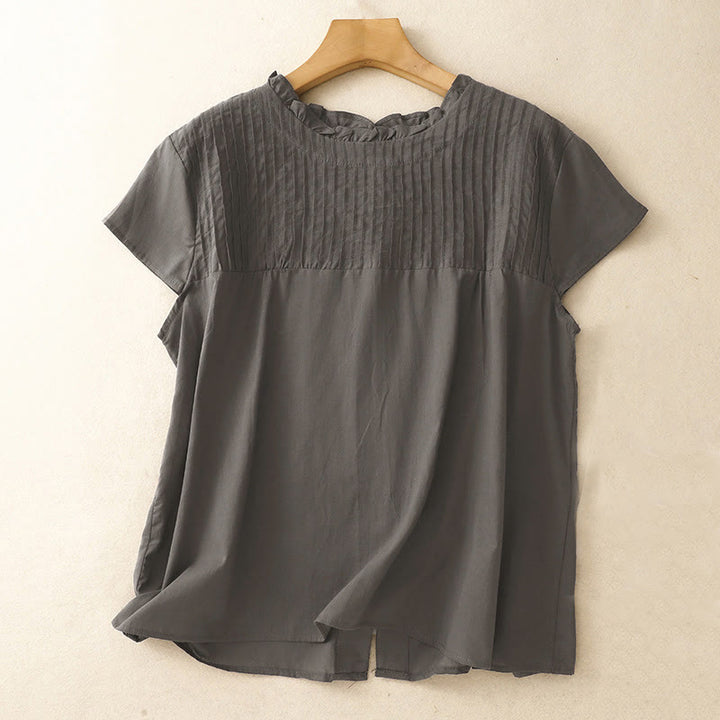 Buddha Stones夏用 無地 フリル プリーツデザイン レディース 半袖シャツ - ダークスレートグレー - US6、 UK/AU10、EU38（2XL） - image 6