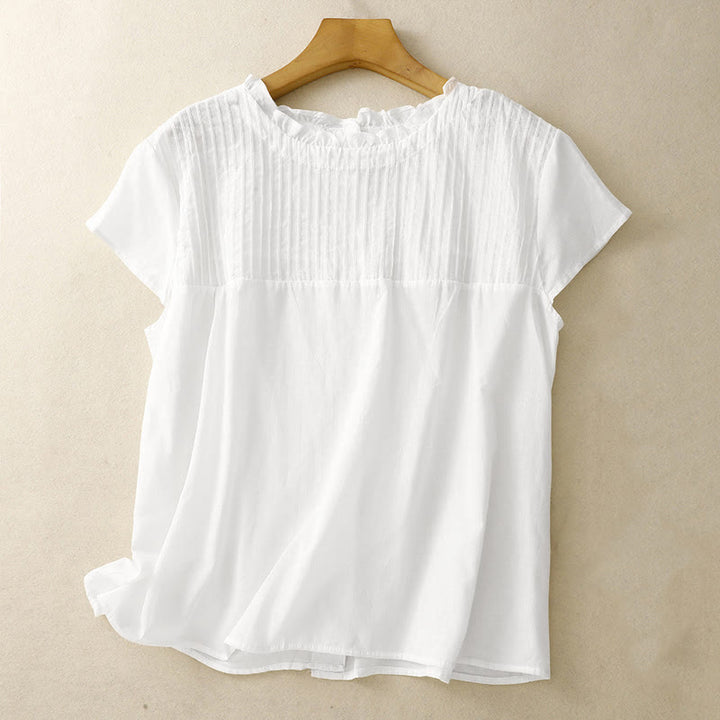Buddha Stones夏用 無地 フリル プリーツデザイン レディース 半袖シャツ - 白 - US6、 UK/AU10、EU38（2XL） - image 10