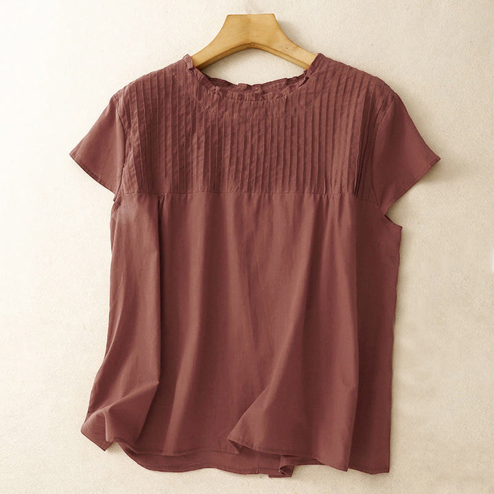 Buddha Stones夏用 無地 フリル プリーツデザイン レディース 半袖シャツ - ダークレッド - US6、 UK/AU10、EU38（2XL） - image 14