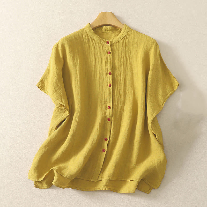 Buddha Stones夏用 無地 赤ボタン 半袖 レディースシャツ - ゴールデンロッド - US14、 UK/AU18、 EU46 (2XL) - image 14