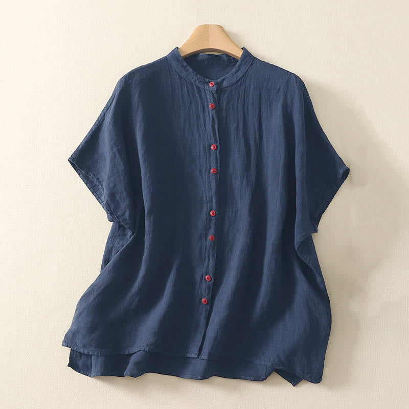 Buddha Stones夏用 無地 赤ボタン 半袖 レディースシャツ - ミッドナイトブルー - US14、 UK/AU18、 EU46 (2XL) - image 0