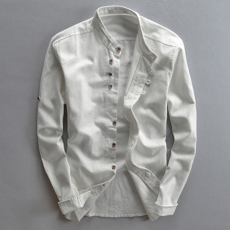 Buddha Stonesスリムフィットデザインスタンドカラークルーネックコットンリネンメンズ長袖シャツ - 白 - US/UK/AU48、EU58（7XL） - image 3