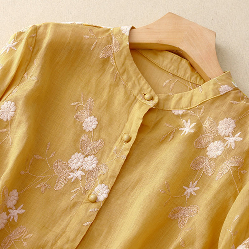Buddha Stonesのカジュアルな刺繍入り花びら模様のレディースクルーネック半袖シャツ - image 8