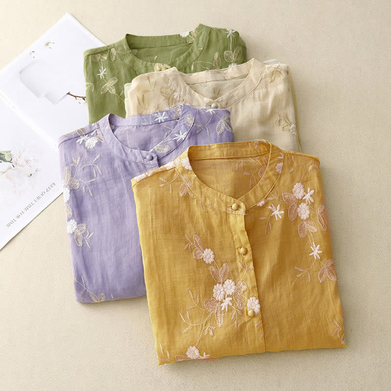 Buddha Stonesのカジュアルな刺繍入り花びら模様のレディースクルーネック半袖シャツ - image 17
