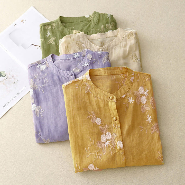 Buddha Stonesのカジュアルな刺繍入り花びら模様のレディースクルーネック半袖シャツ - image 17