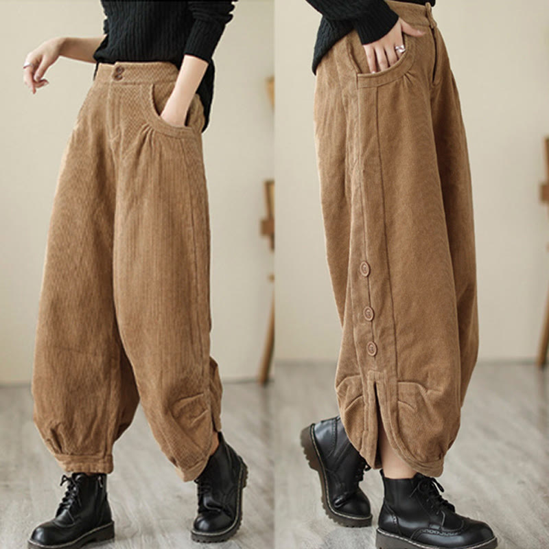 Buddha Stonesカジュアル ボタン付き 裾開きデザイン レディース コーデュロイパンツ ポケット付き - image 3