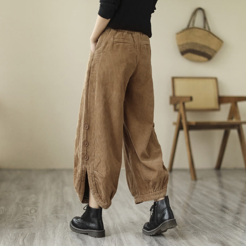 Buddha Stonesカジュアル ボタン付き 裾開きデザイン レディース コーデュロイパンツ ポケット付き - image 2