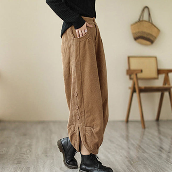 Buddha Stonesカジュアル ボタン付き 裾開きデザイン レディース コーデュロイパンツ ポケット付き - image 1