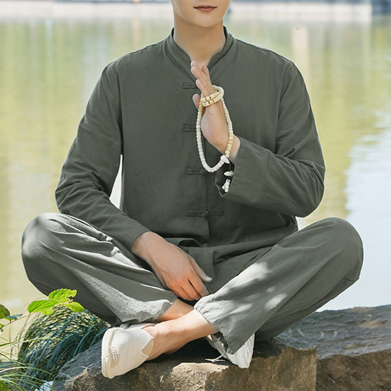 Buddha Stonesスピリチュアル 禅 実践 ヨガ 瞑想 祈り 衣類 コットン リネン メンズ セット - ダークグリーン - US/UK/AU48、 EU58 (6XL) - image 0