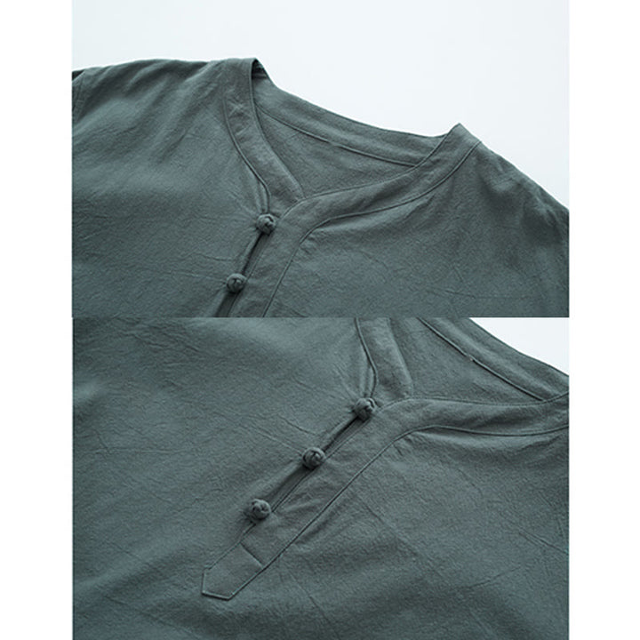 Buddha Stones無地の伝統的な半袖Tシャツとパンツのメンズ服セット - image 1