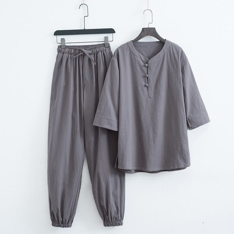 Buddha Stones無地の伝統的な半袖Tシャツとパンツのメンズ服セット - グレー（トップス＆パンツ） - US/UK/AU44、 EU54 (4XL) - image 7
