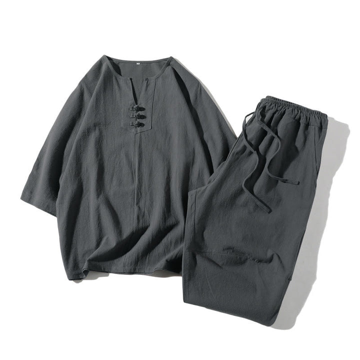 Buddha Stones2枚組 無地ノッチカラーTシャツ ワイドレッグショーツ ポケット付き メンズ瞑想服セット - スレートグレー - US/UK/AU46、 EU56 (5XL) - image 0