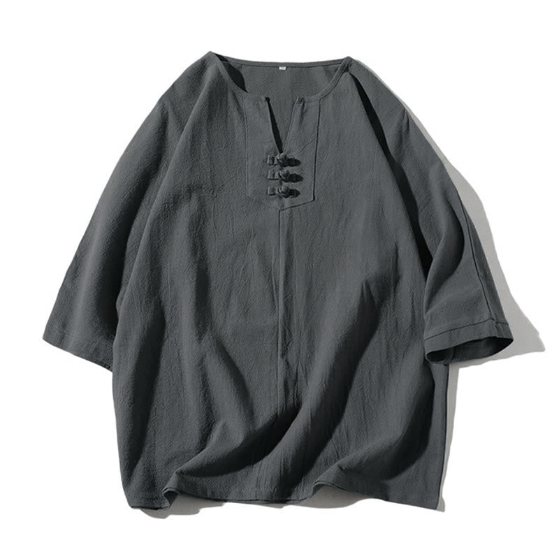 Buddha Stones2枚組 無地ノッチカラーTシャツ ワイドレッグショーツ ポケット付き メンズ瞑想服セット - image 1
